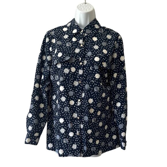 Vtg Notations Dress Casual Blouse, Navy Wht Polkadot Long Sleeve Women’s S - Picture 2 of 9